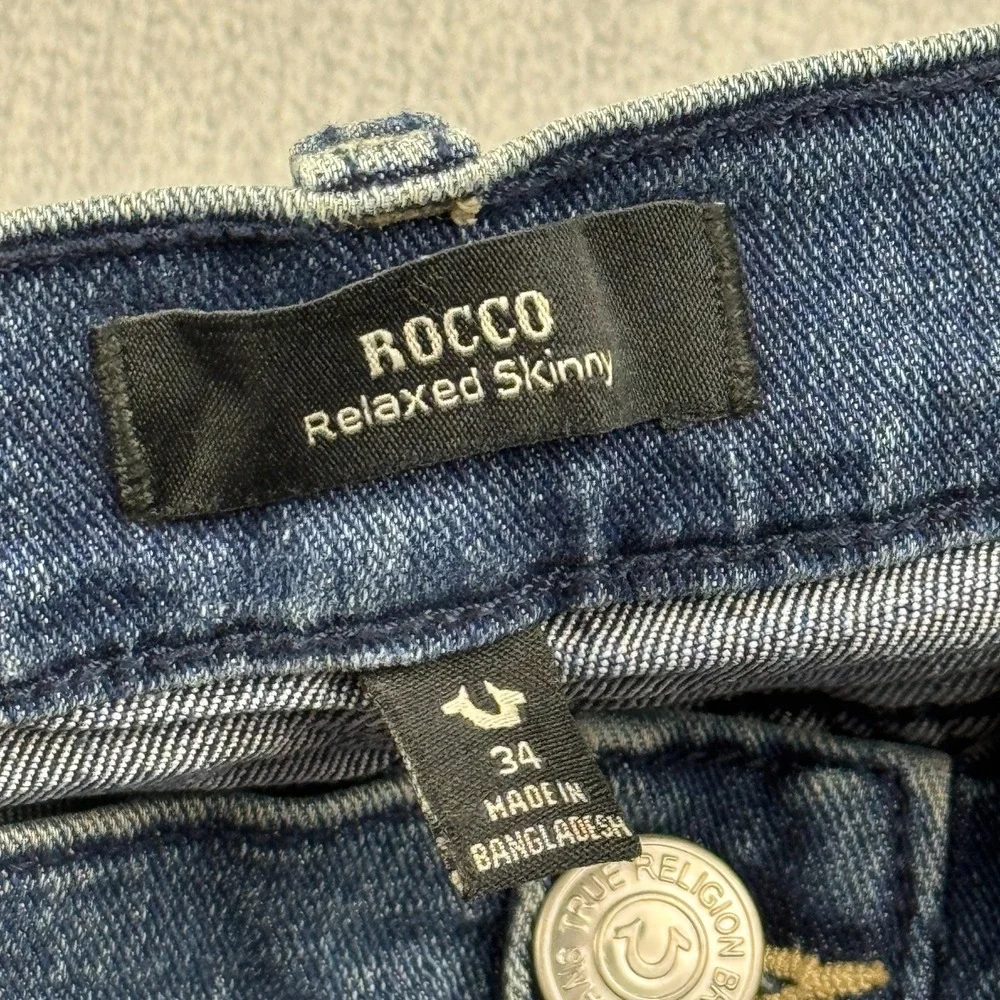 True Religion Jeans Mens 34X32 Blue Rocco Relaxed Moto Skinny Blizzard‎ Wash NWT